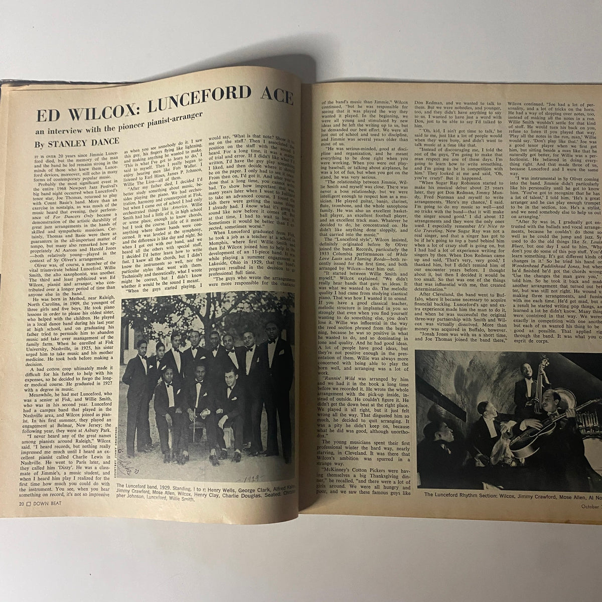 Page in Down Beat Magazine featuring an article titled 'Ed Wilcox: Lunceford Ace' by Stanley Dance, discussing the influential pianist-arranger alongside a historical photo.