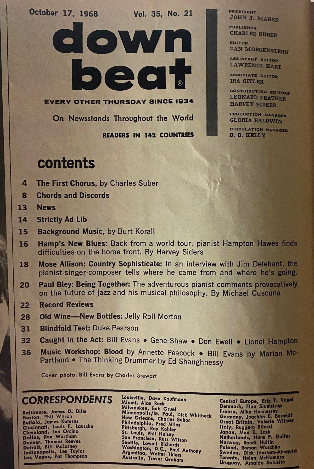 Contents page of Down Beat Magazine October 17, 1968, listing articles including interviews with Hamp Hawes, Mose Allison, and Paul Bley.