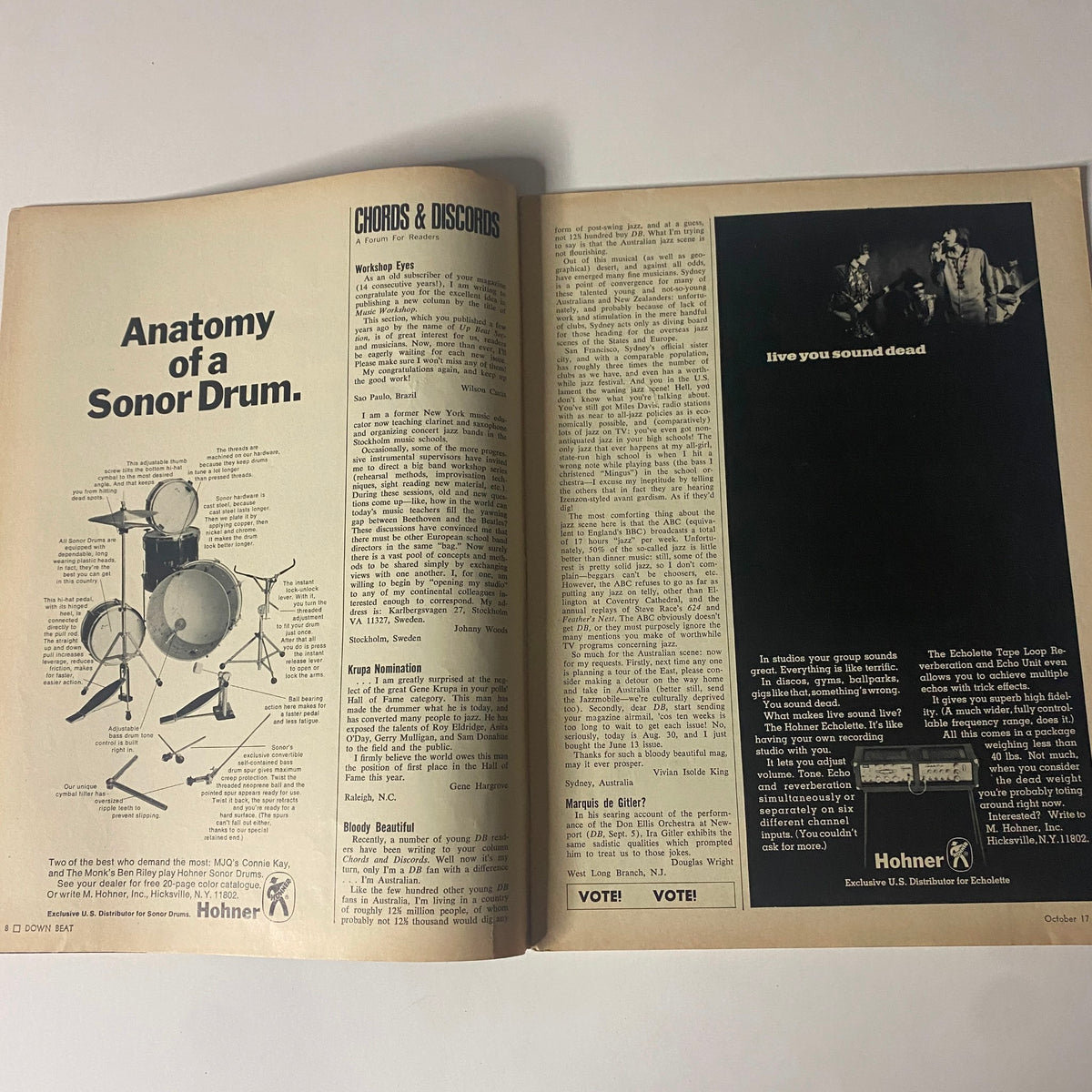 Page from Down Beat Magazine October 17, 1968 featuring the 'Chords & Discords' section with information on drumming and musical advice.