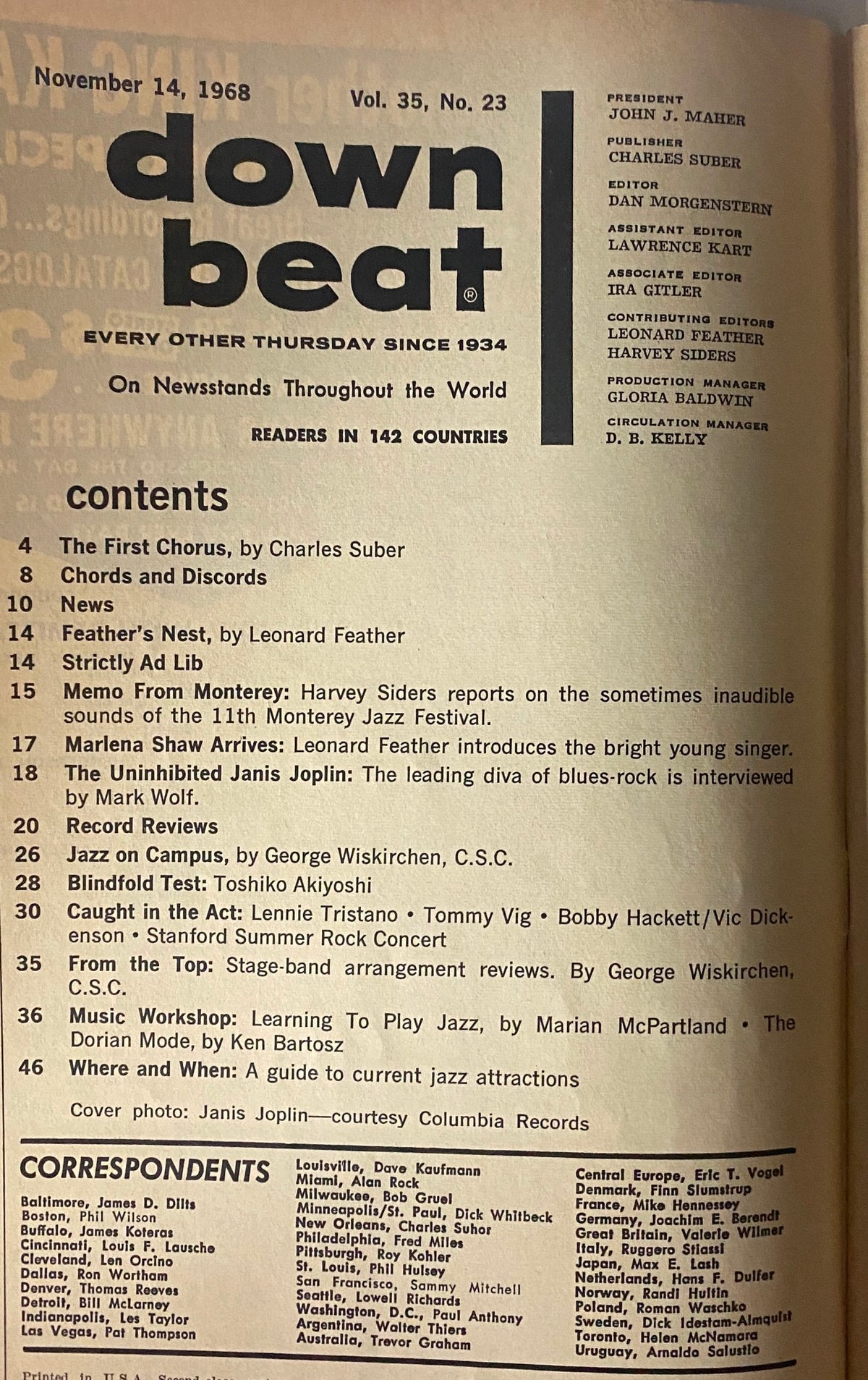 Contents page of Down Beat Magazine November 14, 1968, detailing articles about Janis Joplin and other jazz and rock artists. Highlights include an interview with 'The Uninhibited Janis Joplin'.