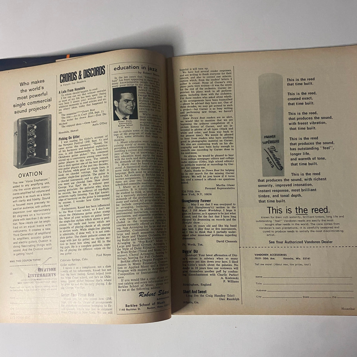 Inside view of Down Beat Magazine November 14, 1968, featuring articles on music education and equipment including Ovation instruments, as well as insights from Robert Shaw.