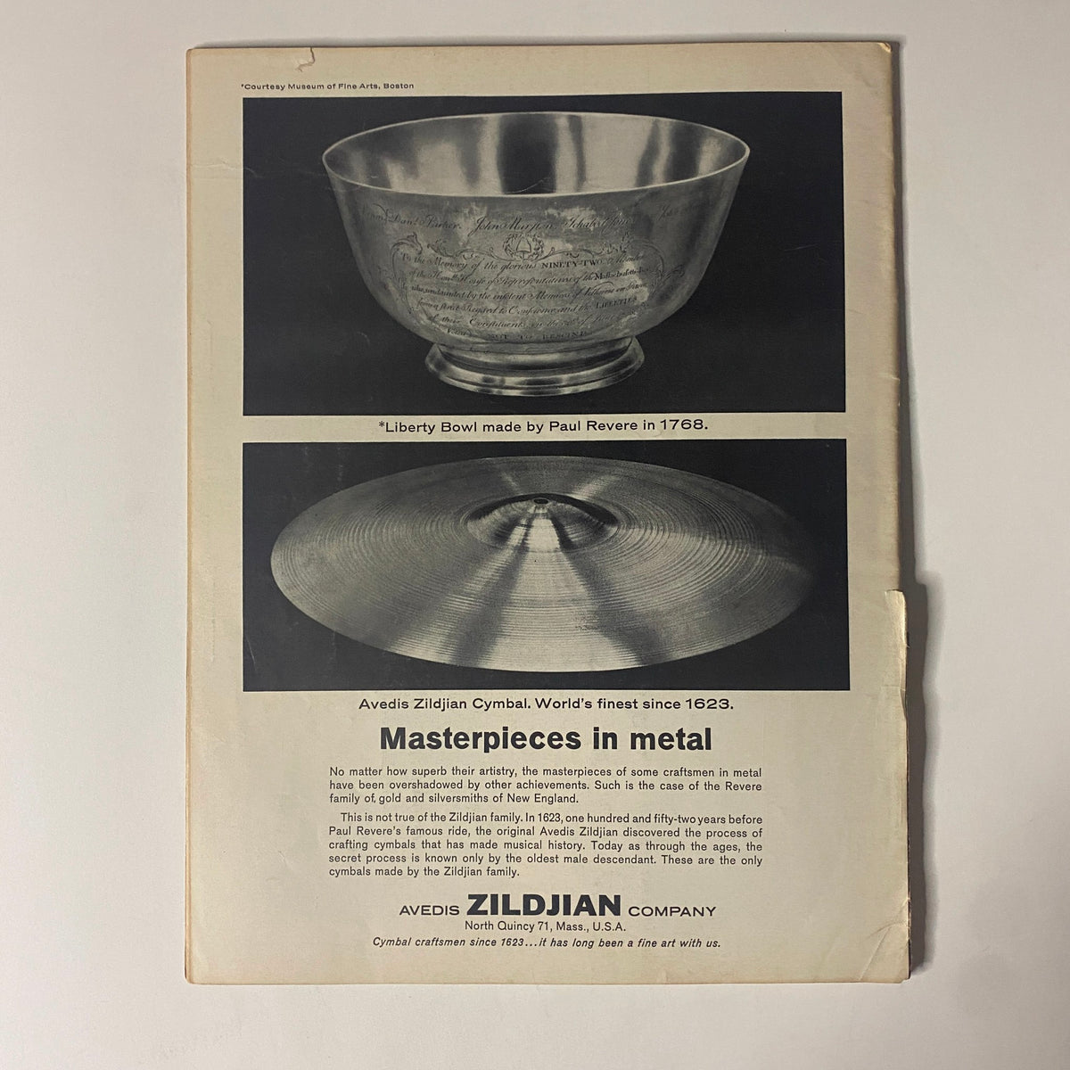 Advertisement page from Down Beat Magazine November 14, 1968, showcasing the Liberty Bowl made by Paul Revere and an Avedis Zildjian Cymbal, highlighting the craftsmanship in metal.