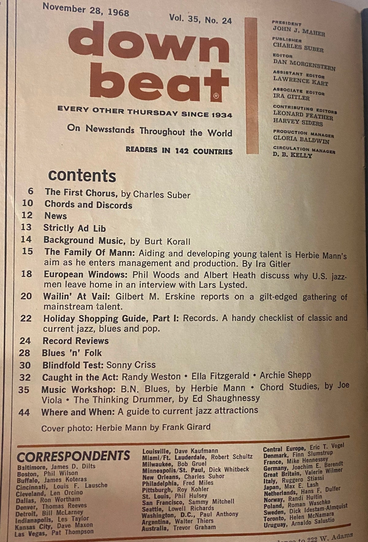 Contents page of Down Beat Magazine November 28, 1968 highlighting articles including 'The Family of Mann' and a holiday shopping guide.