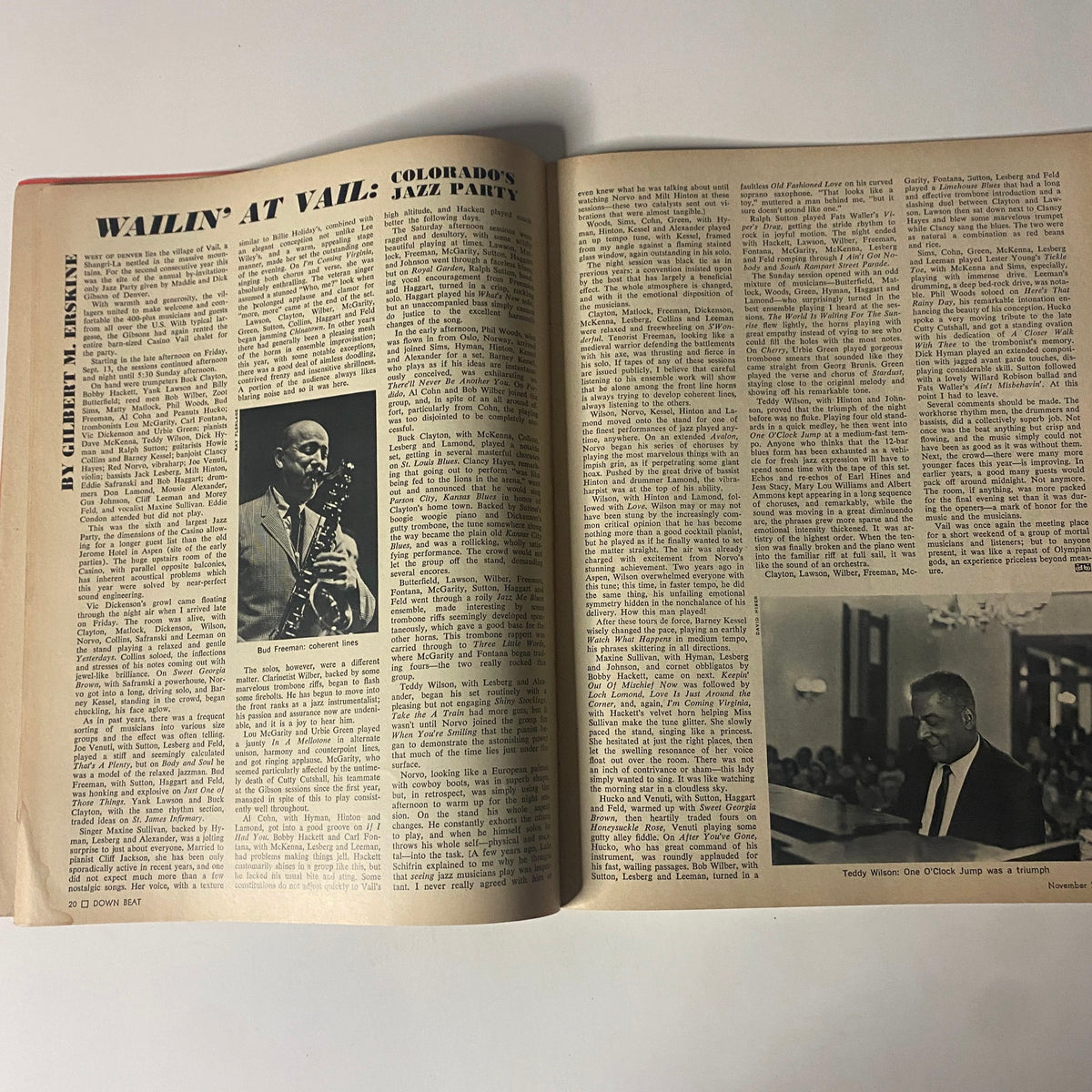 Inside view of Down Beat Magazine November 28, 1968, featuring an article titled 'Wailin' at Vail: Colorado's Jazz Party' with a black and white photograph of Bud Freeman, a renowned jazz clarinetist.