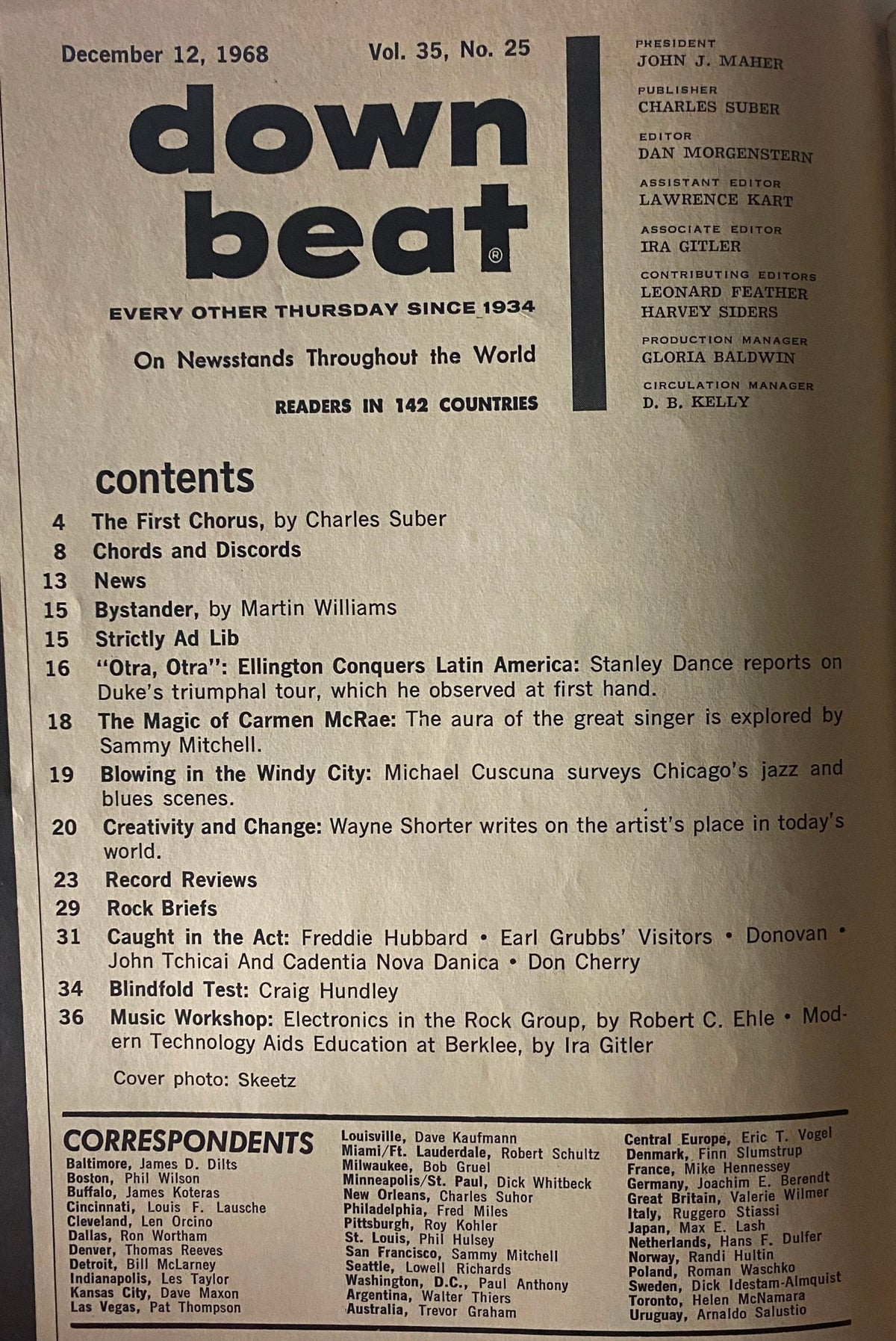 Table of contents from Down Beat Magazine, December 12, 1968, detailing articles including 'The Magic of Carmen McRae' and 'Ellington Conquers Latin America'.