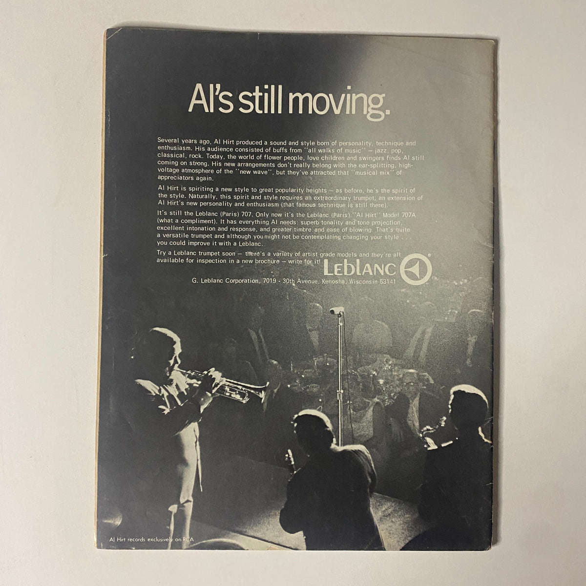 Back cover of Down Beat Magazine, December 12, 1968, featuring an advertisement for Al Hirt and Leblanc trumpets, showcasing a musician playing trumpet in a jazz setting.
