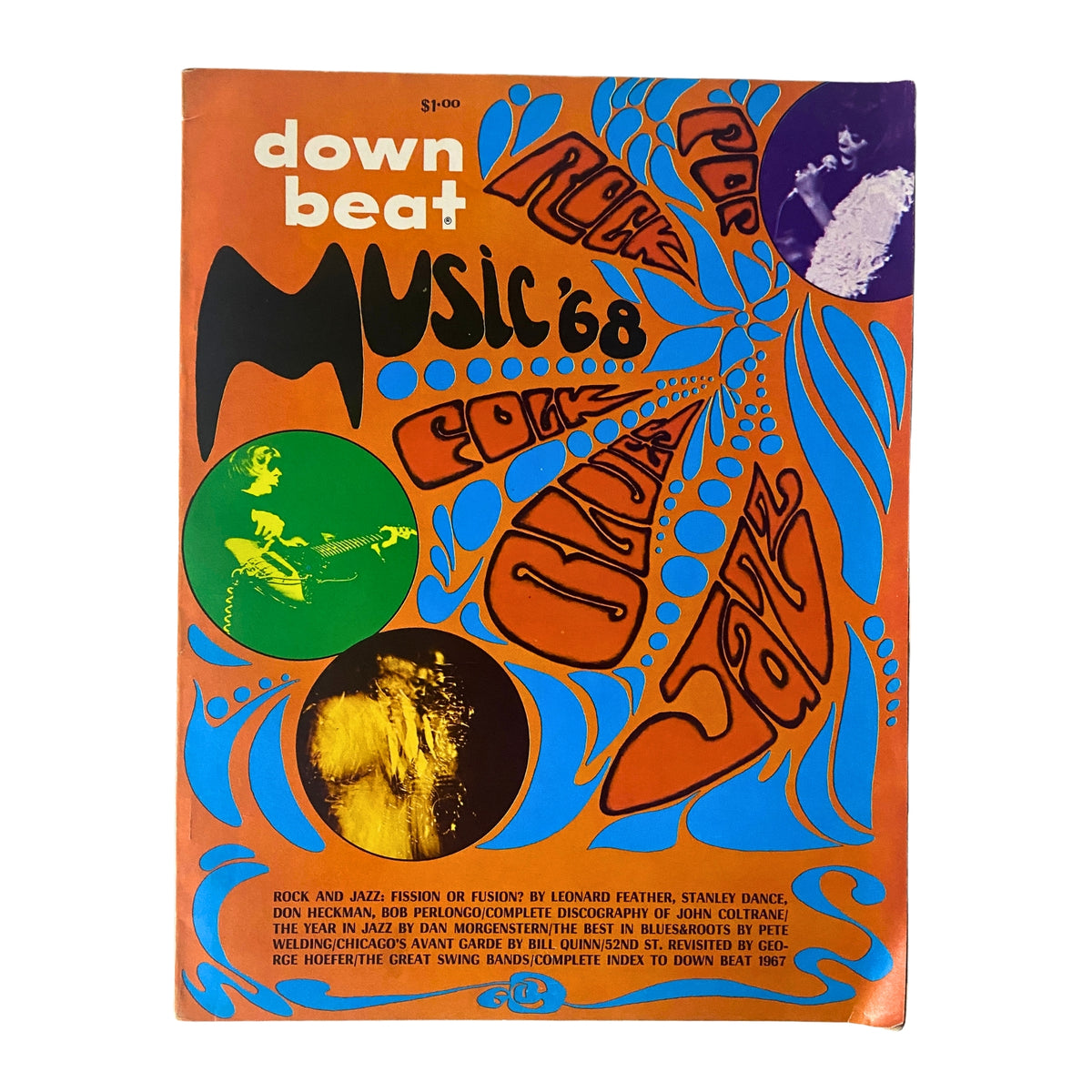 Cover of Down Beat Magazine 1968 featuring vibrant psychedelic art, with the title 'Down Beat Music '68', showcasing the cultural significance of jazz, rock, and blues.