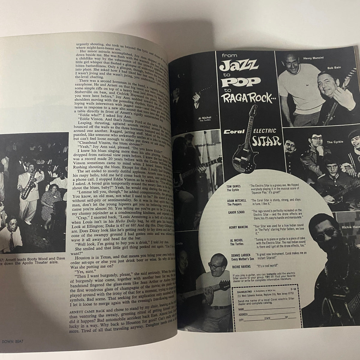 An inside page from Down Beat Magazine 1968 discussing jazz music and featuring images of artists, illustrating the vibrant music scene of the era.