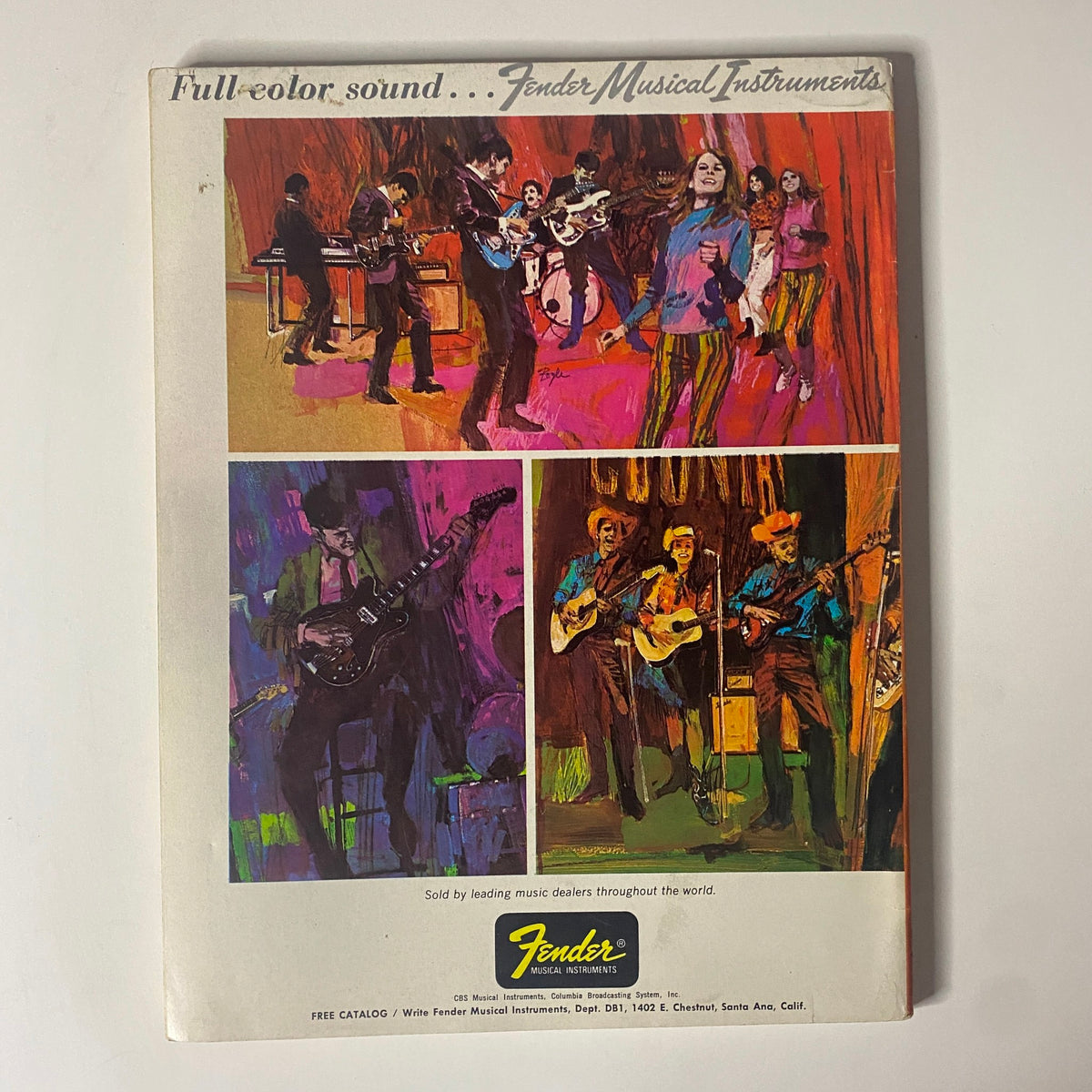 Back cover of Down Beat Magazine 1968 displaying Fender Musical Instruments advertisement art, emphasizing the connection between music and iconic brands.