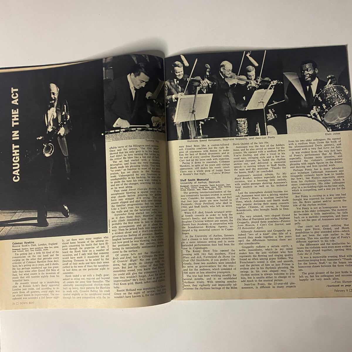 Inside spread of Down Beat Magazine February 8, 1968 showcasing an article about Coleman Hawkins titled 'Caught in the Act', featuring images of various jazz musicians.