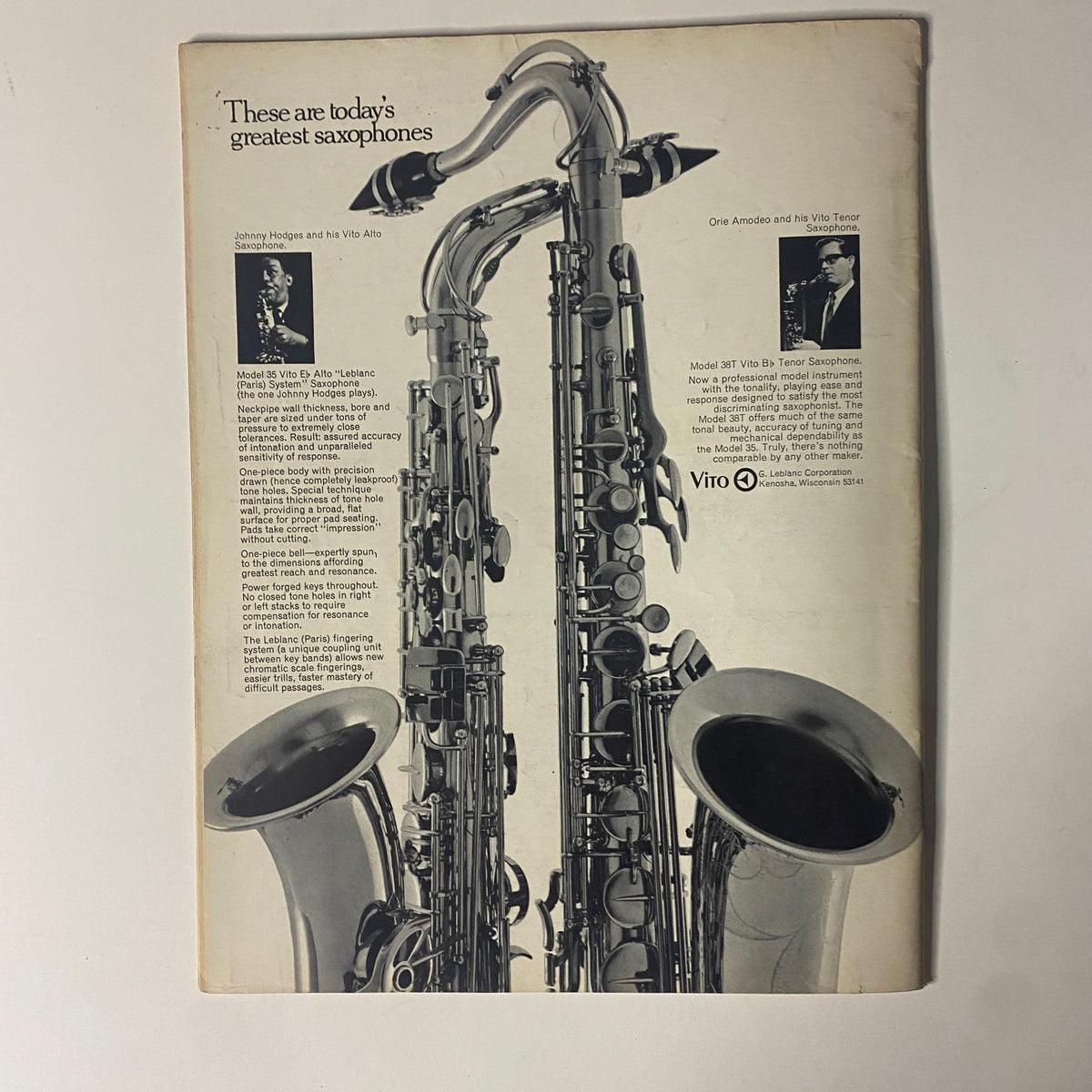 Back cover of Down Beat Magazine February 8, 1968 displaying an advertisement for saxophones with images of Johnny Hodges and Orie Amodeo.
