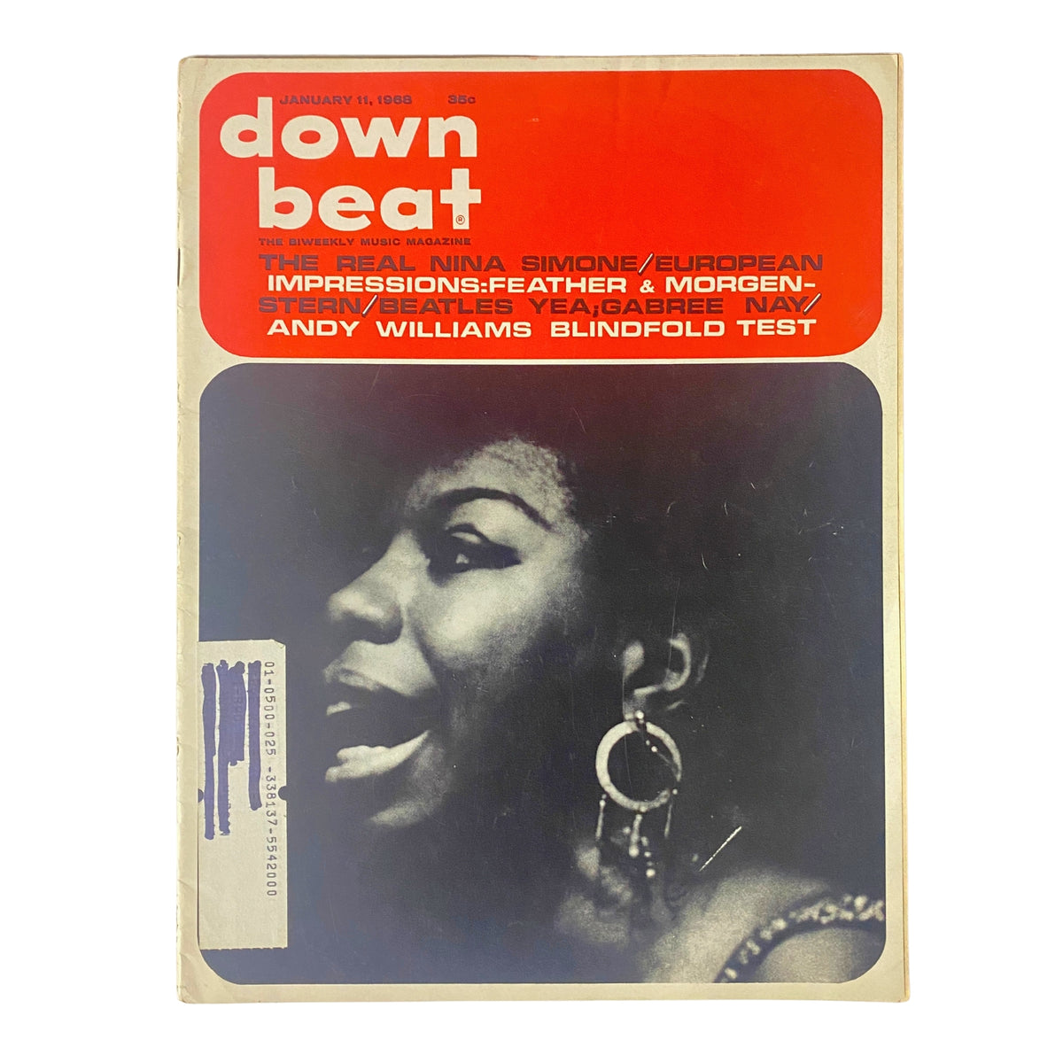 Cover of Down Beat Magazine January 11, 1968 featuring the iconic image of Nina Simone, highlighting the article 'The Real Nina Simone'. Vintage music magazine collectible.