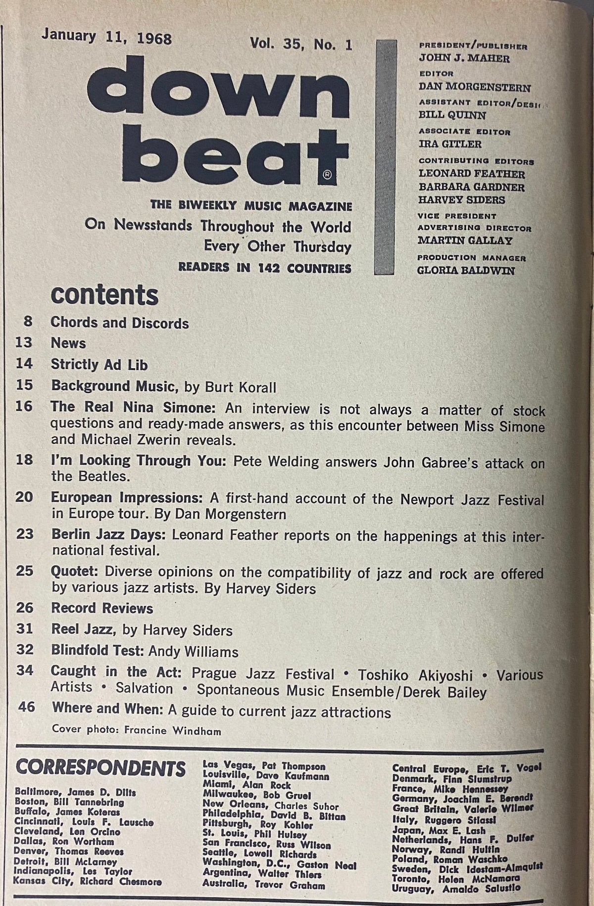Contents page of Down Beat Magazine January 11, 1968, outlining articles including 'The Real Nina Simone' and reports on international jazz events. Essential for music history enthusiasts.