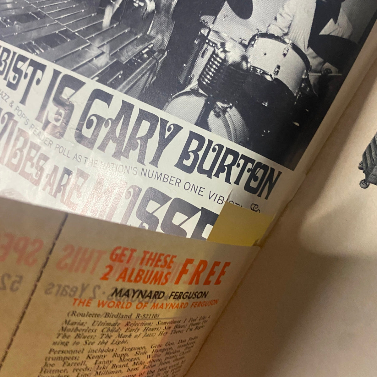 Inside page of Down Beat Magazine from August 8, 1968, showcasing an article about Gary Burton and a promotional offer for albums.