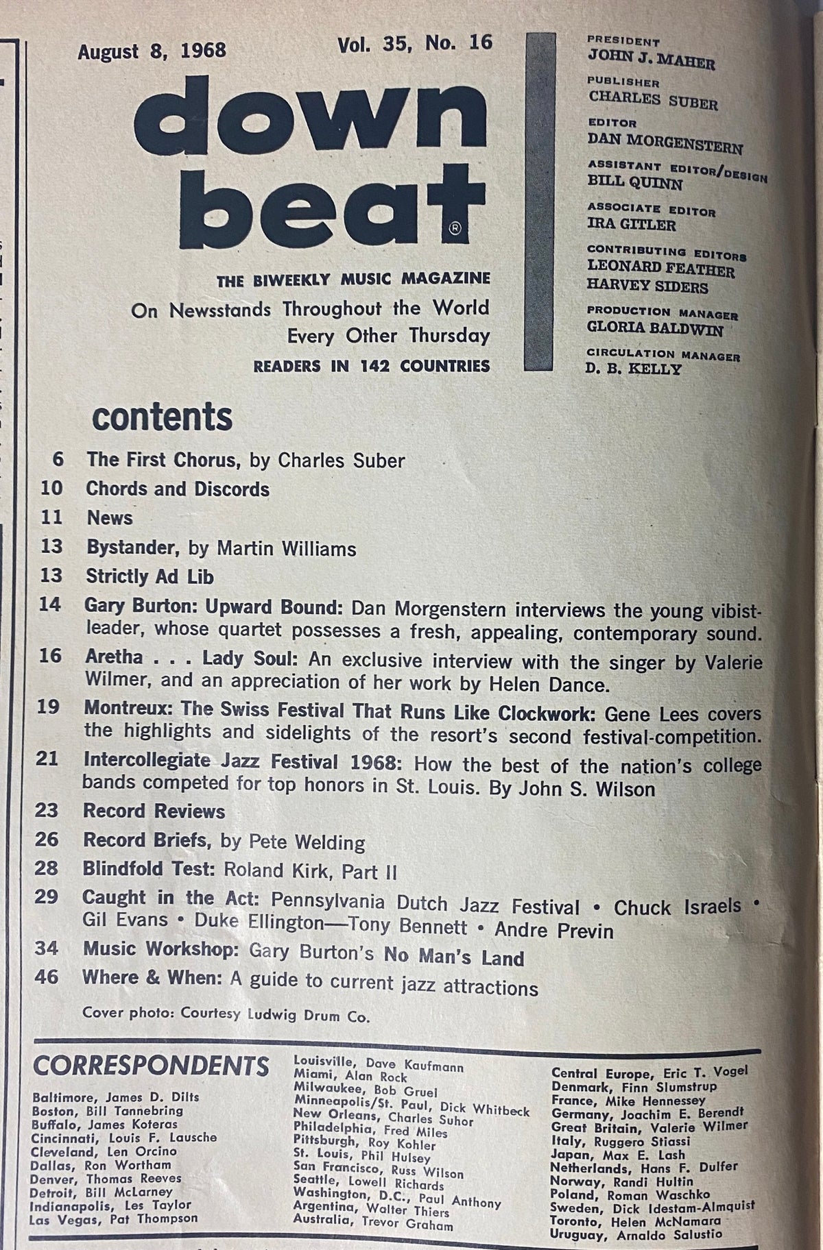 Contents page of Down Beat Magazine, August 8, 1968, highlighting features on Aretha Franklin and the Montreux Jazz Festival.