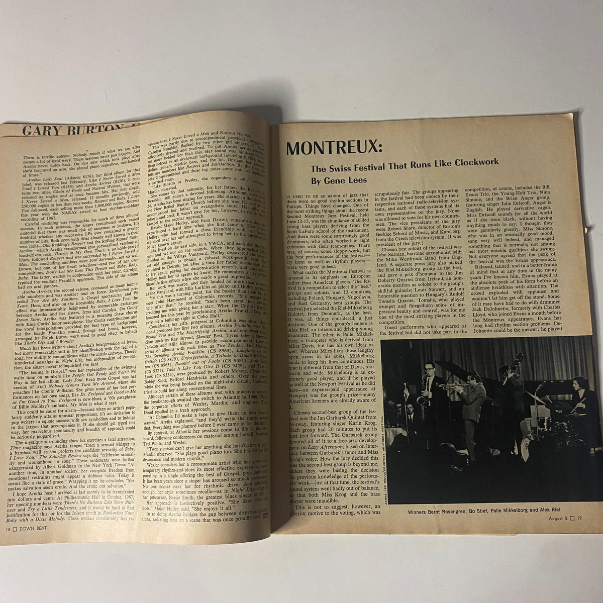 Article page in Down Beat Magazine, August 8, 1968, featuring a report on the Montreux Jazz Festival by Gene Lees.