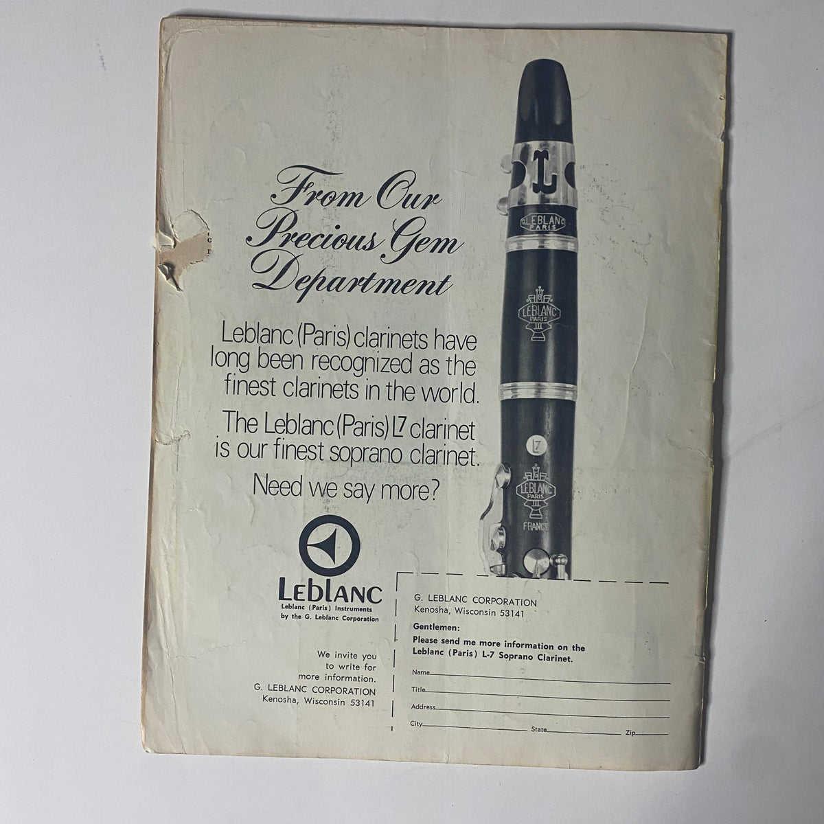 Back cover of Down Beat Magazine August 8, 1968 featuring an advertisement for Leblanc clarinets. The ad highlights the reputation of Leblanc (Paris) clarinets as the finest in the world, showcasing the Leblanc (Paris) L7 soprano clarinet. Ideal for collectors of vintage music publications.