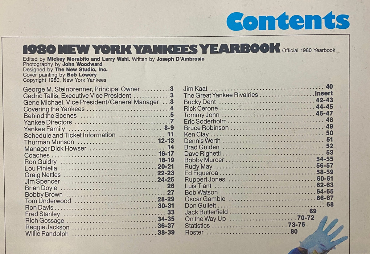 Contents page from the 1980 New York Yankees Yearbook 'Dawning of a Decade', listing key figures and topics covered in the publication.