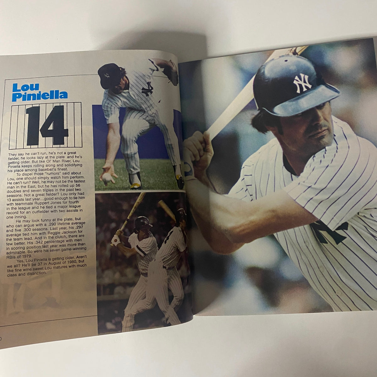 Lou Piniella player profile page from the 1980 New York Yankees Yearbook 'Dawning of a Decade', featuring his statistics and performance insights.