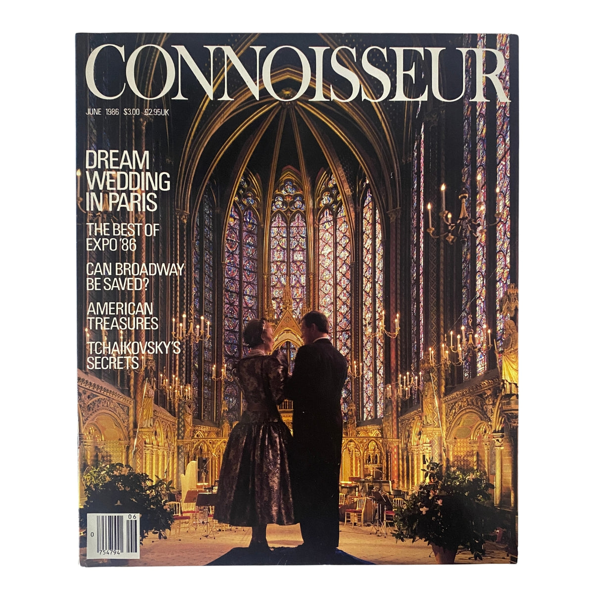 Cover of Connoisseur Magazine June 1986 titled Dream Wedding in Paris, featuring a couple in a romantic setting illuminated by stained glass windows.