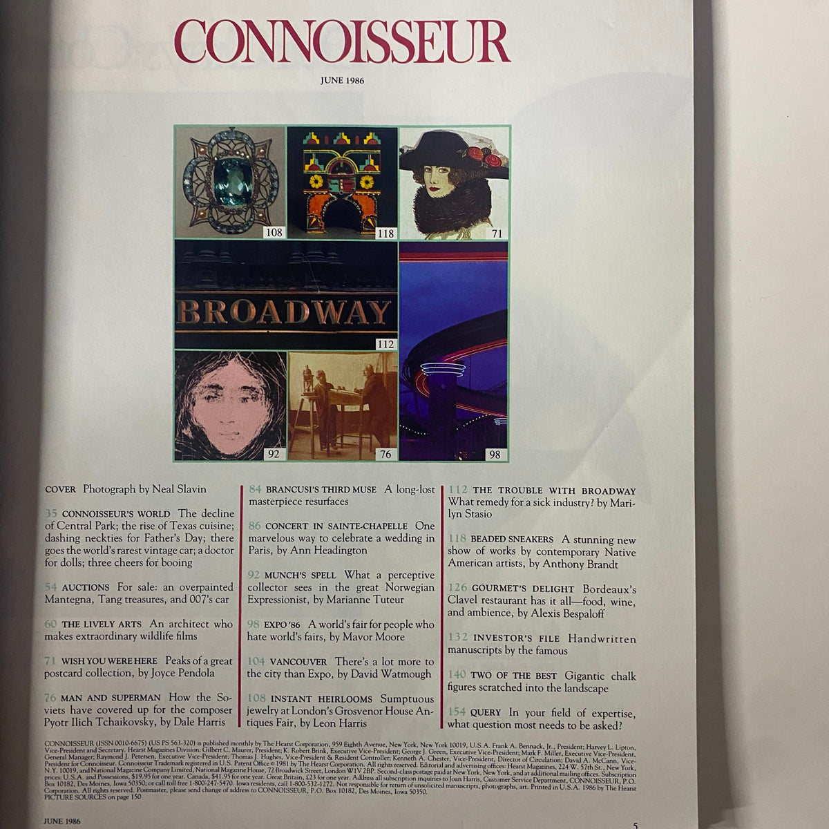 Contents page of Connoisseur Magazine June 1986 including featured articles like Dream Wedding in Paris, Brancusi’s Third Muse, and Concert in Sainte-Chapelle.
