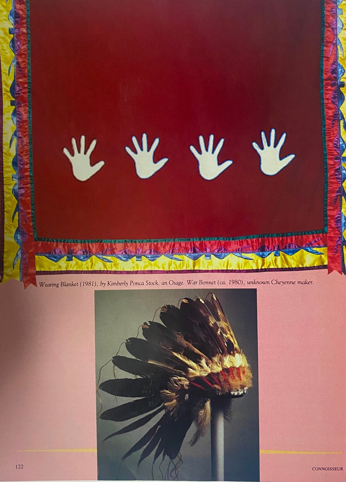 Connoisseur Magazine June 1986 Dream Wedding in Paris features a vibrant wearing blanket by Kimberly Ponca Stock, showcasing white handprints on a red background, symbolizing cultural heritage.