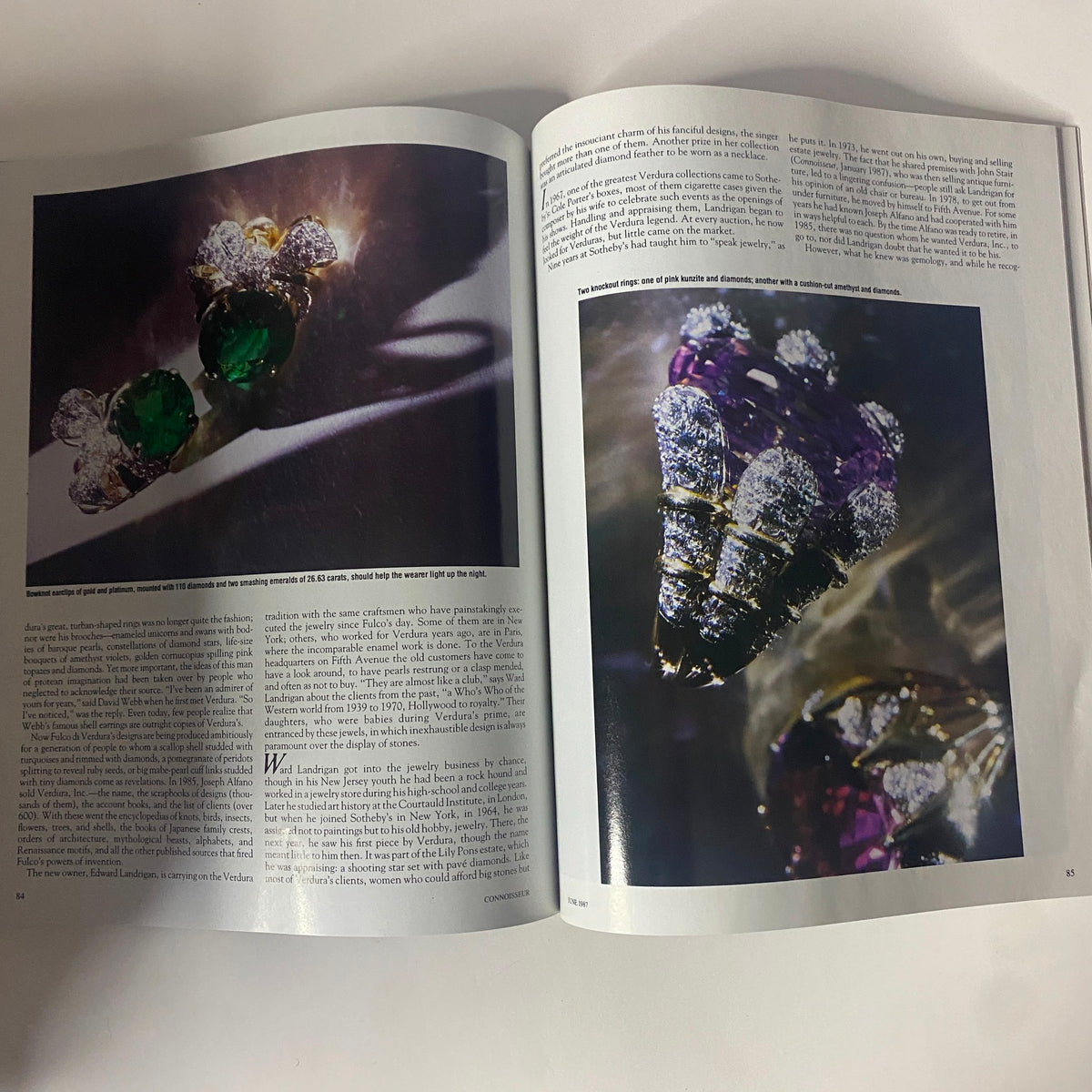 An interior spread from Connoisseur Magazine June 1987 showcasing exquisite jewelry pieces, illustrating the magazine's exploration of high-end fashion and luxury.