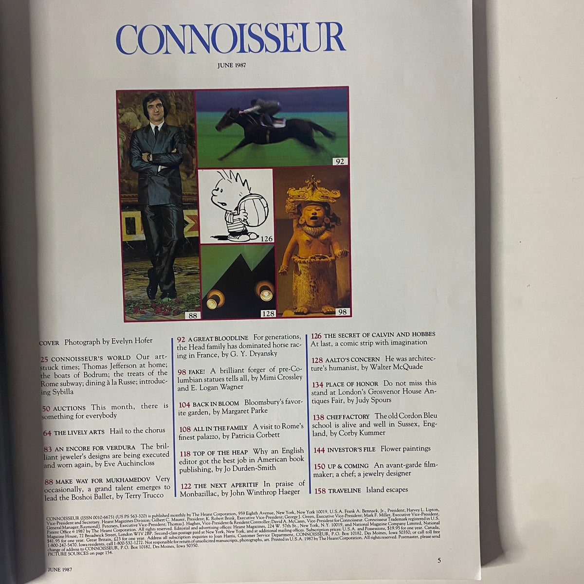 Inside page of Connoisseur Magazine June 1987 showing a stunning layout with various colorful images and articles summarizing featured content including art and culture.