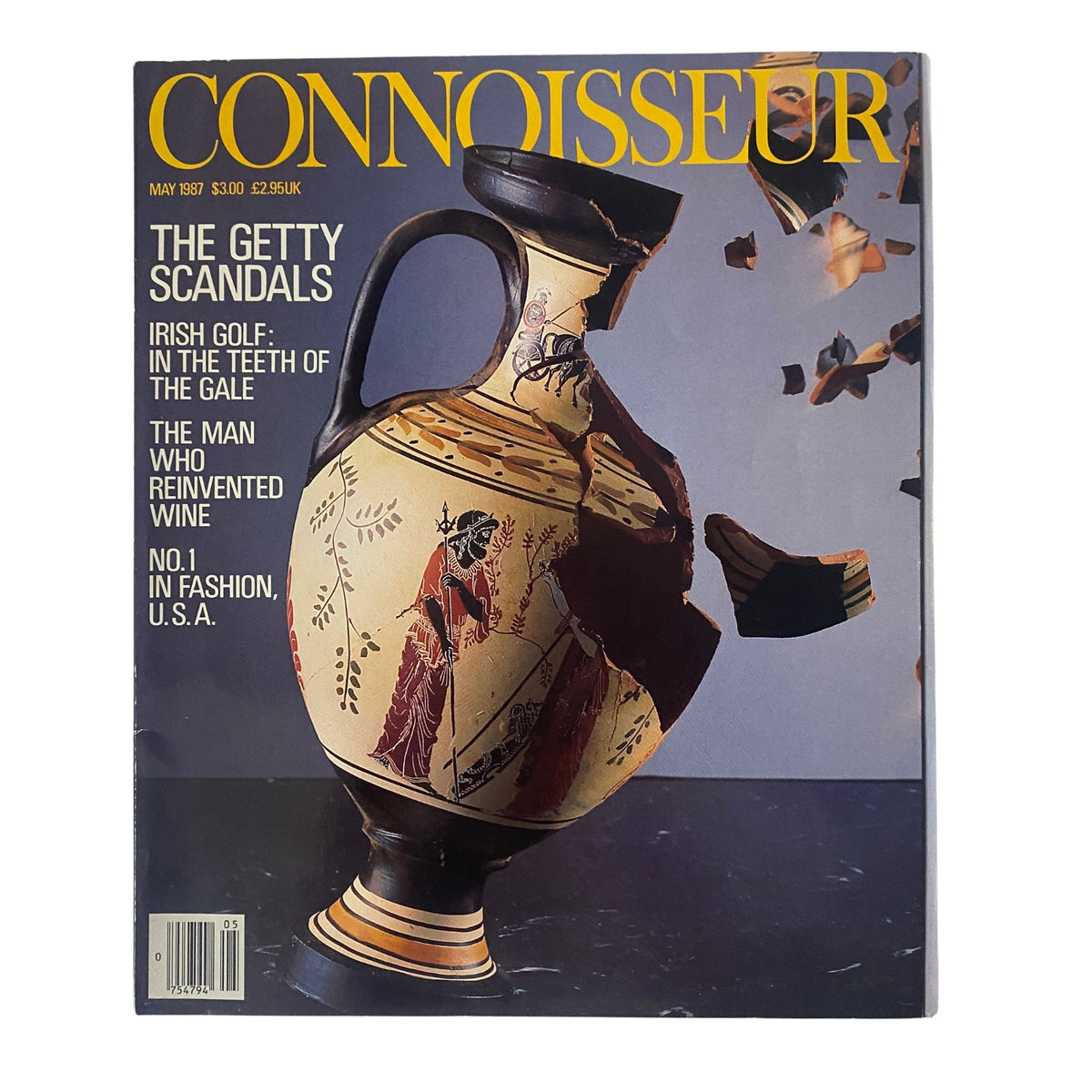 Cover of Connoisseur Magazine May 1987 featuring the lead article 'The Getty Scandals' alongside images relevant to art and culture.