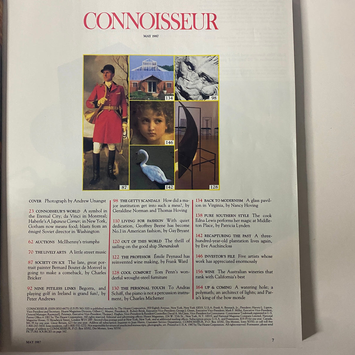 Inside page of Connoisseur Magazine May 1987 showcasing the table of contents with a focus on 'The Getty Scandals' and various other art-related features.