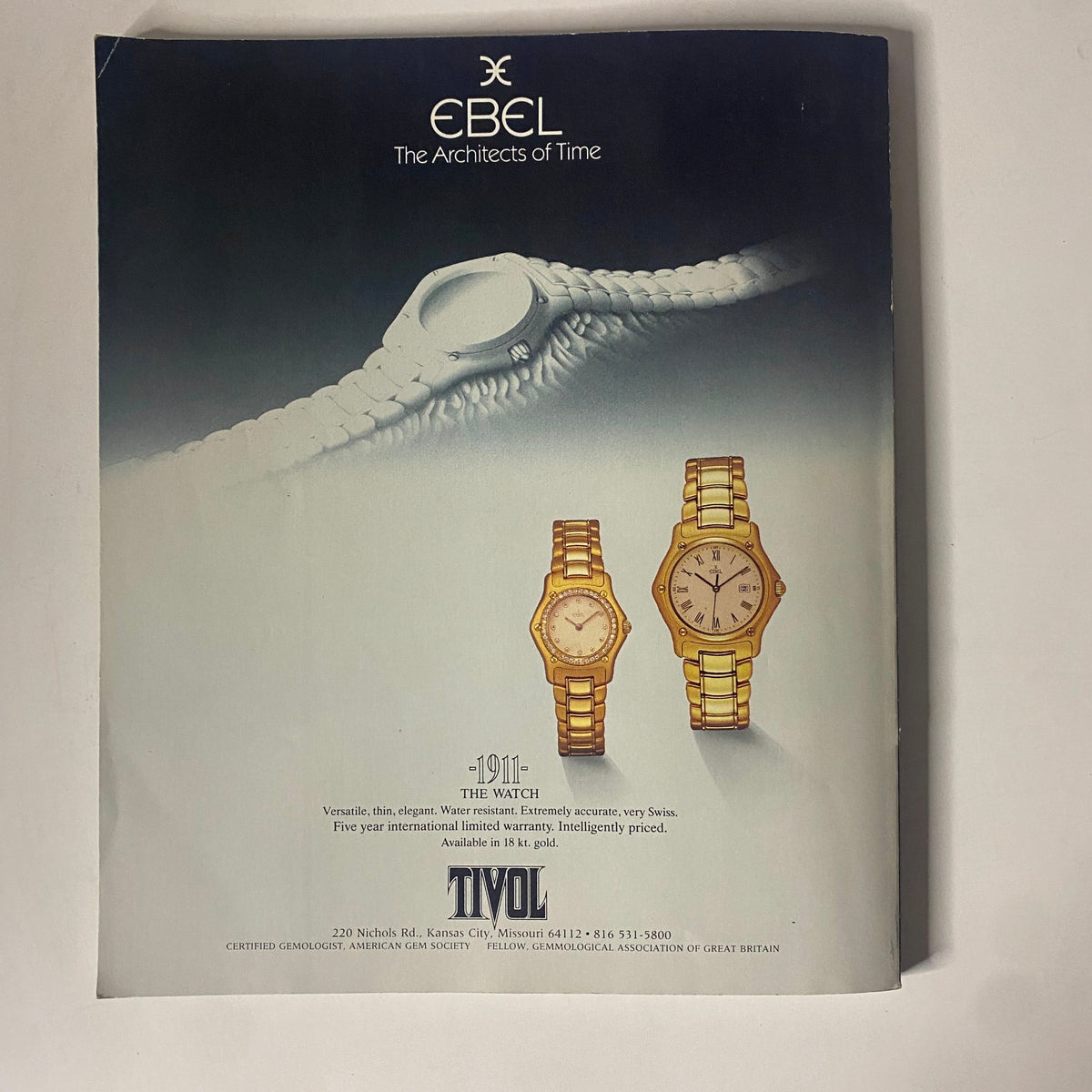 Advertisement for EBEL watch featuring elegant Swiss designs, showcased in the Connoisseur Magazine May 1987 issue focusing on The Getty Scandals.