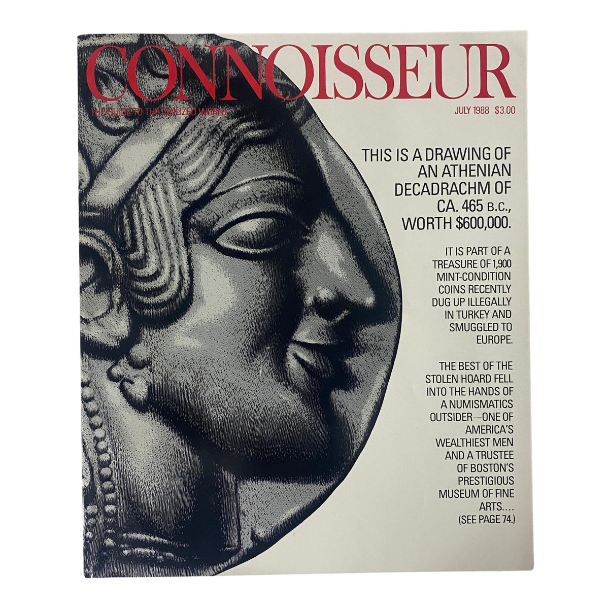 Cover of Connoisseur Magazine July 1988 featuring an exquisite drawing of an Athenian Decadrachm valued at $600,000.