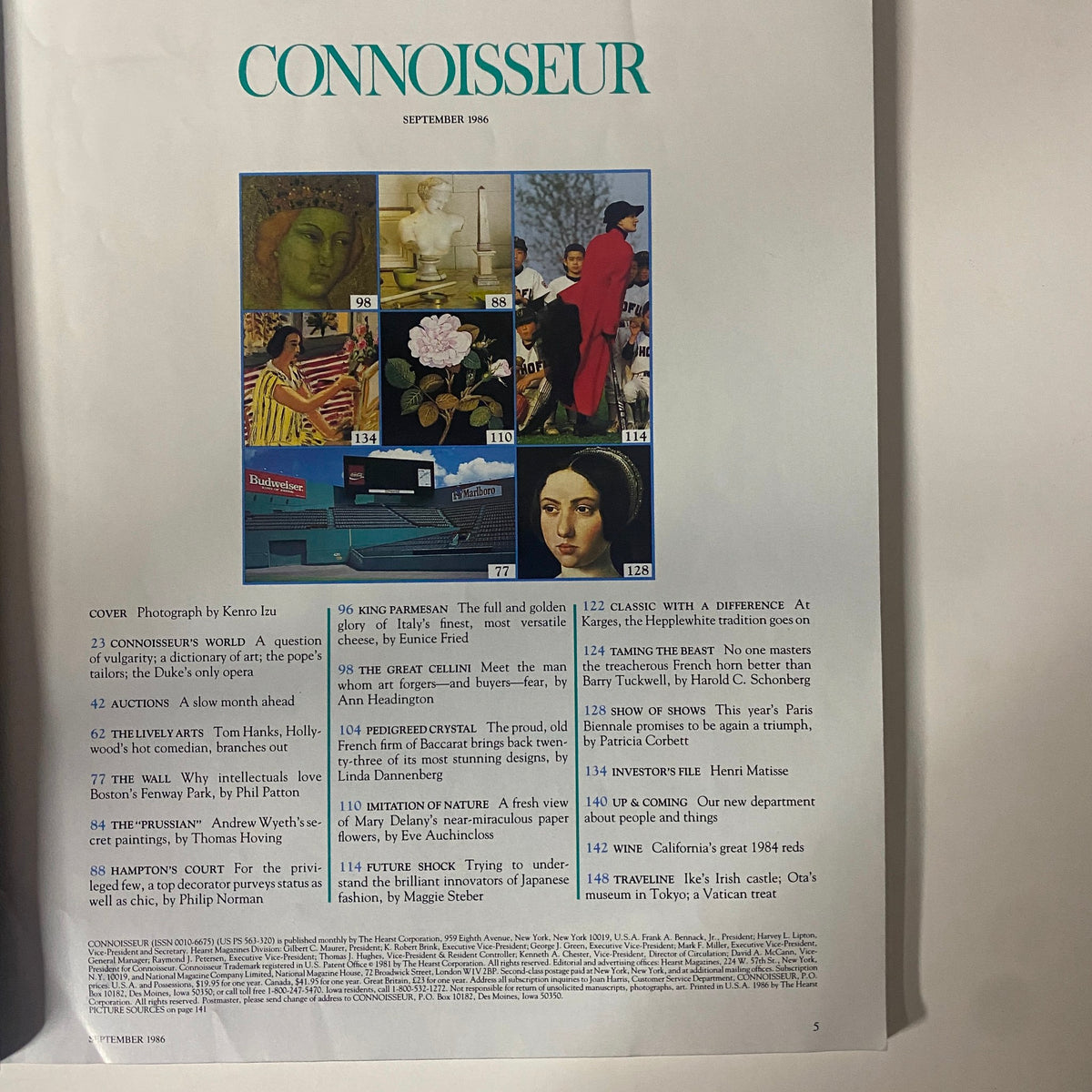 Connoisseur Magazine September 1986 cover featuring artworks and articles, showcasing Andrew Wyeth's Secret and themes of art, culture, and luxury living.