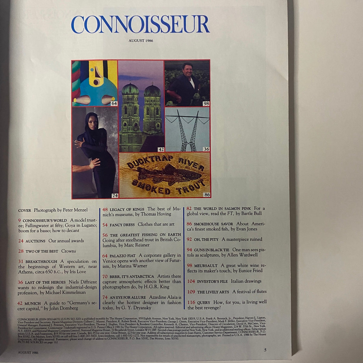 Interior page of Connoisseur Magazine August 1986 displaying table of contents with highlighted articles including 'The Greatest Fishing on Earth' and 'Legacy of Kings'.
