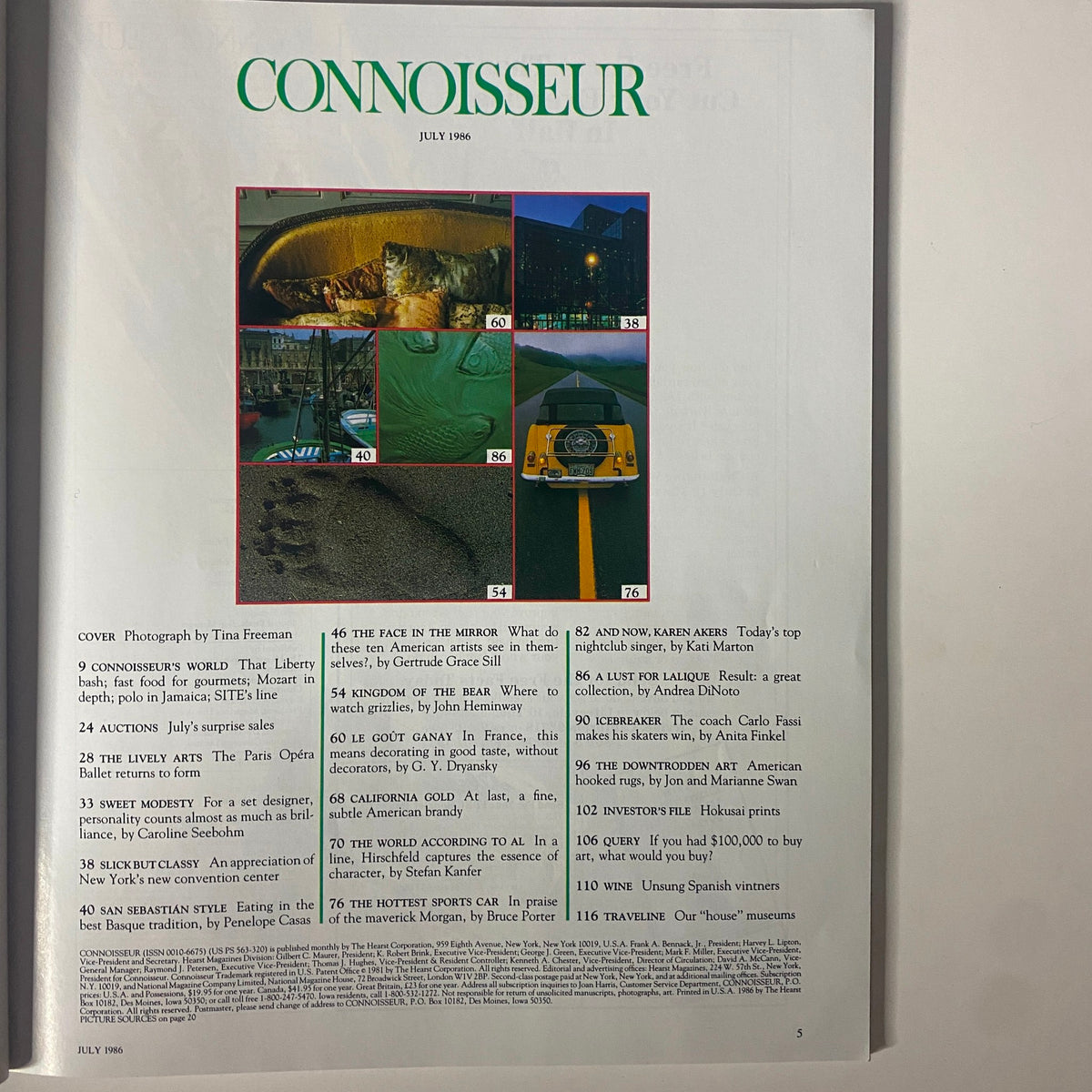 Contents page of Connoisseur Magazine July 1986, highlighting articles including 'Classic French Decor' and features on grizzlies, culinary traditions, and art, accompanied by vibrant images.