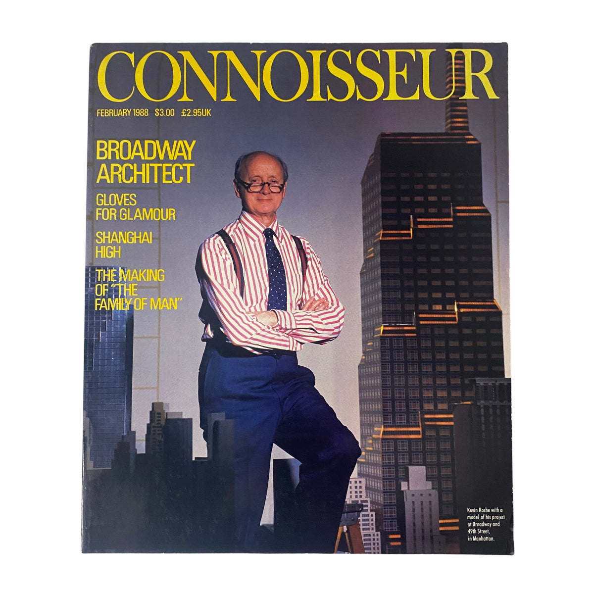 Cover of Connoisseur Magazine February 1988 featuring Kevin Roche, a Broadway architect, showcasing urban skyline elements and highlighting articles on architecture, art, and culture.