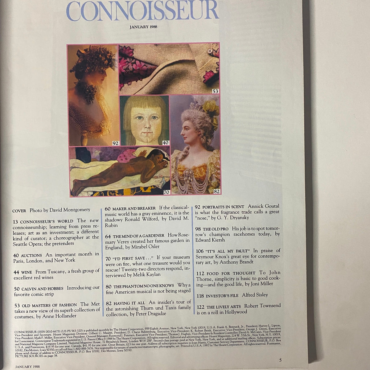 Table of contents from Connoisseur Magazine January 1988 listing various articles and features including 'The Mind of a Gardener' and 'Portraits in Scent'. The layout showcases a sophisticated design typical of vintage magazines.