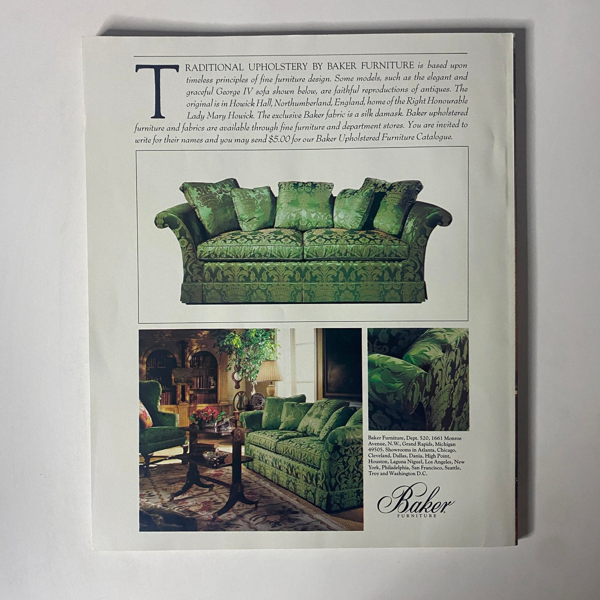 A vintage advertisement from Connoisseur Magazine January 1988 for traditional upholstery by Baker Furniture. The ad highlights elegant furniture pieces showcasing classic design aesthetics.