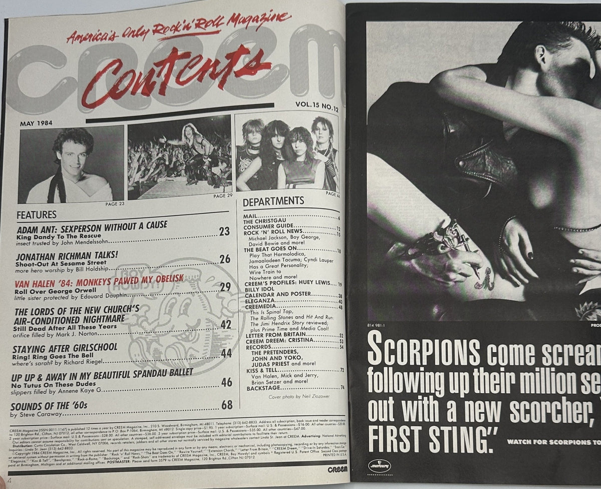 Creem Magazine May 1984 contents page, highlighting features like Adam Ant, Van Halen, and the Sounds of the '60s, along with listing departments and articles.