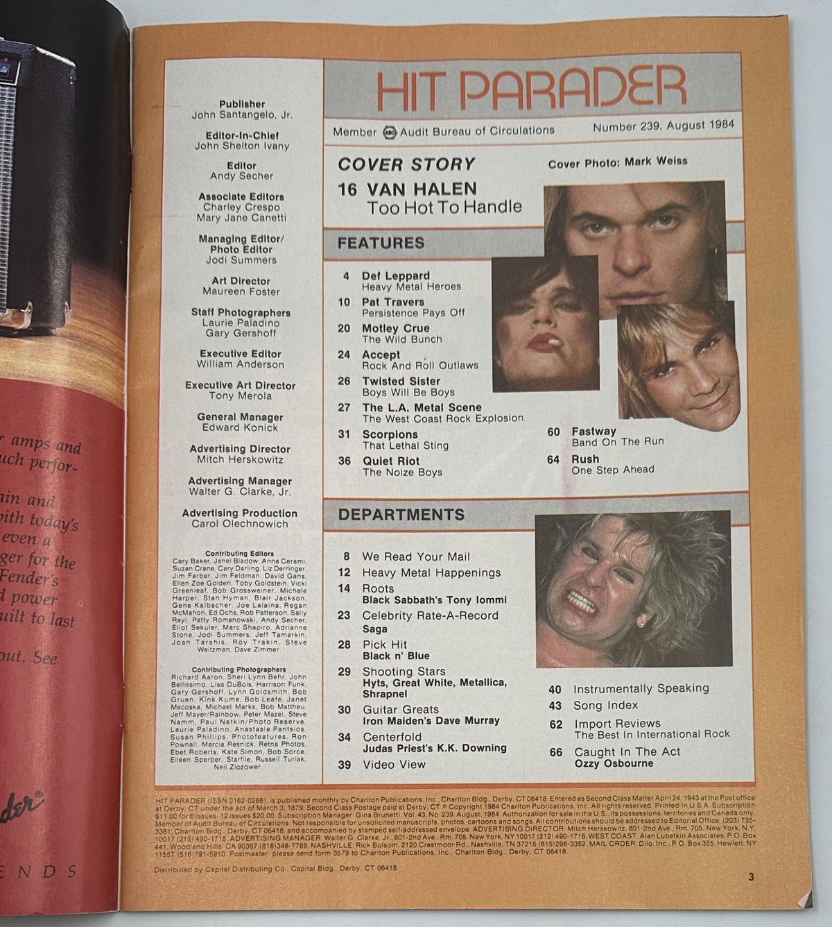 Inside page of Hit Parader Magazine August 1984 detailing the table of contents, featuring Van Halen's cover story 'Too Hot To Handle' and articles on other rock bands such as Def Leppard and Motley Crue.