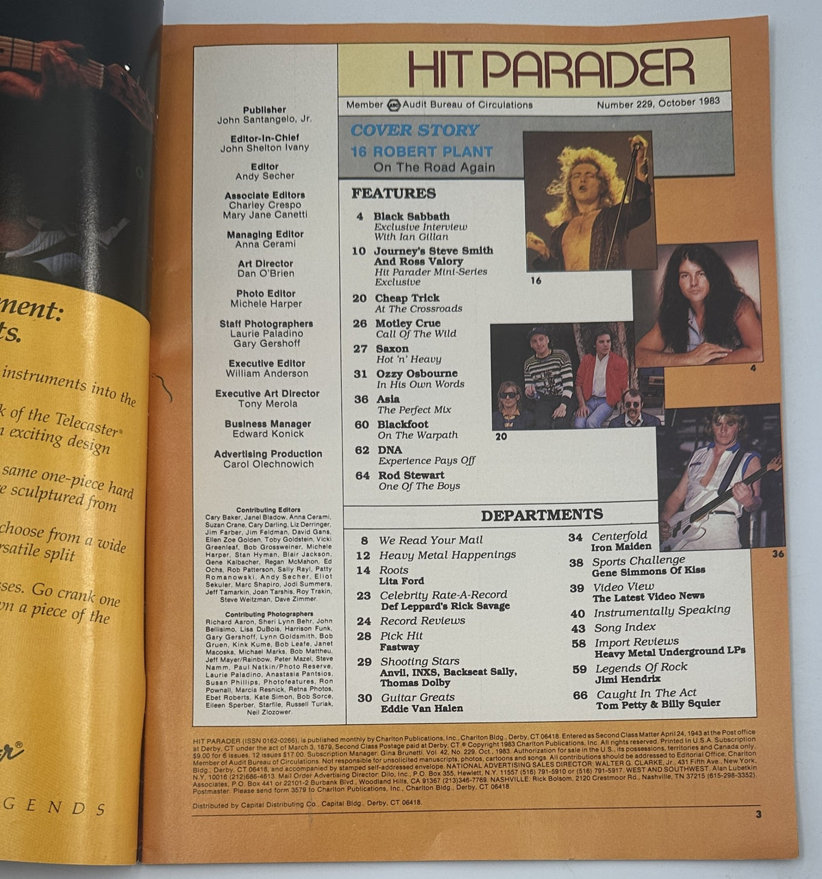 Inside page of Hit Parader Magazine, October 1983 listing the table of contents including the cover story on Robert Plant, features on Black Sabbath and Cheap Trick, and various departments.