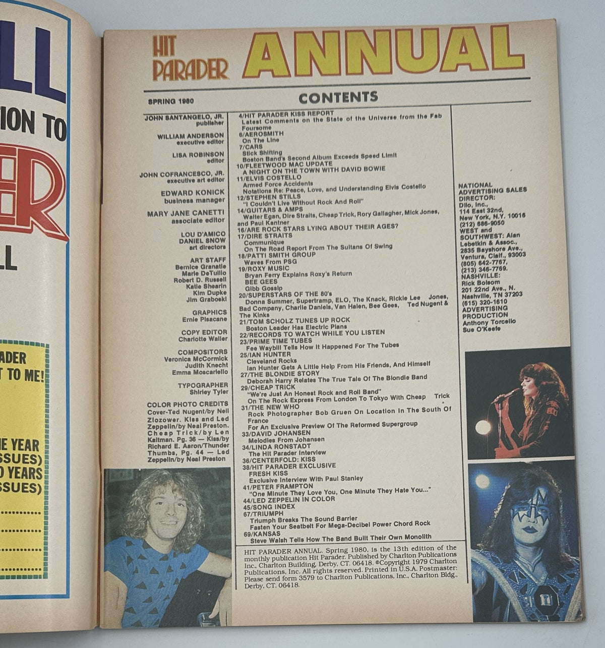 Table of contents from the Hit Parader Magazine Spring 1980 Annual featuring iconic bands like KISS, Aerosmith, and David Bowie.