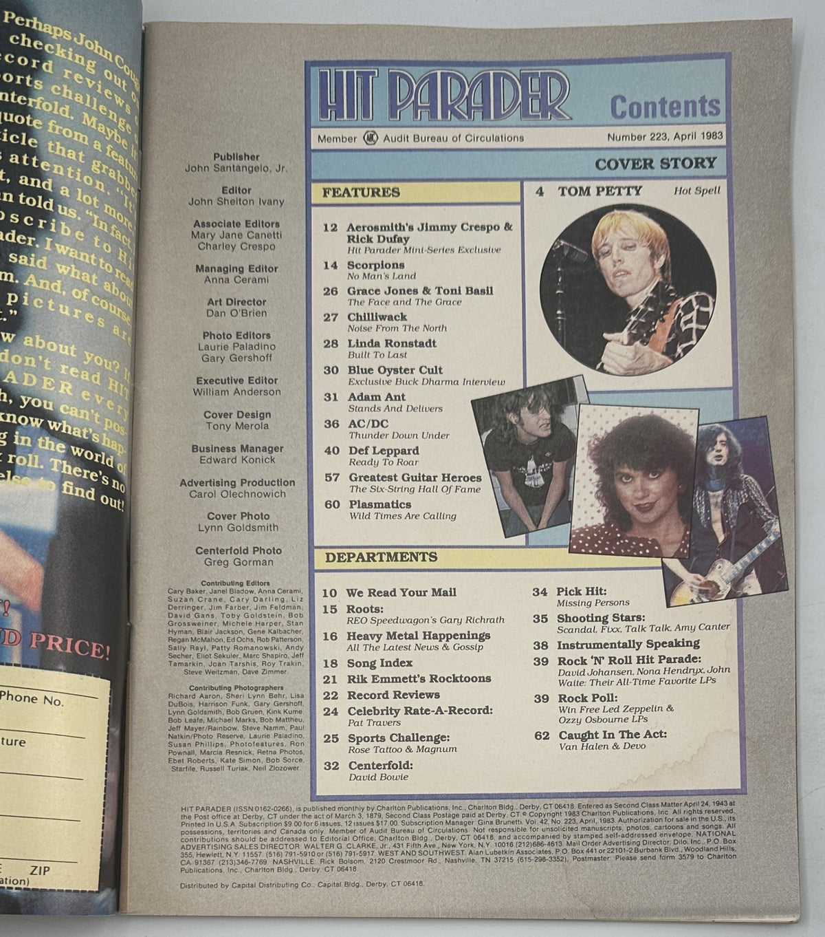 Hit Parader Magazine April 1983 Table of Contents page listing articles and features including Tom Petty, AC/DC, and Def Leppard.