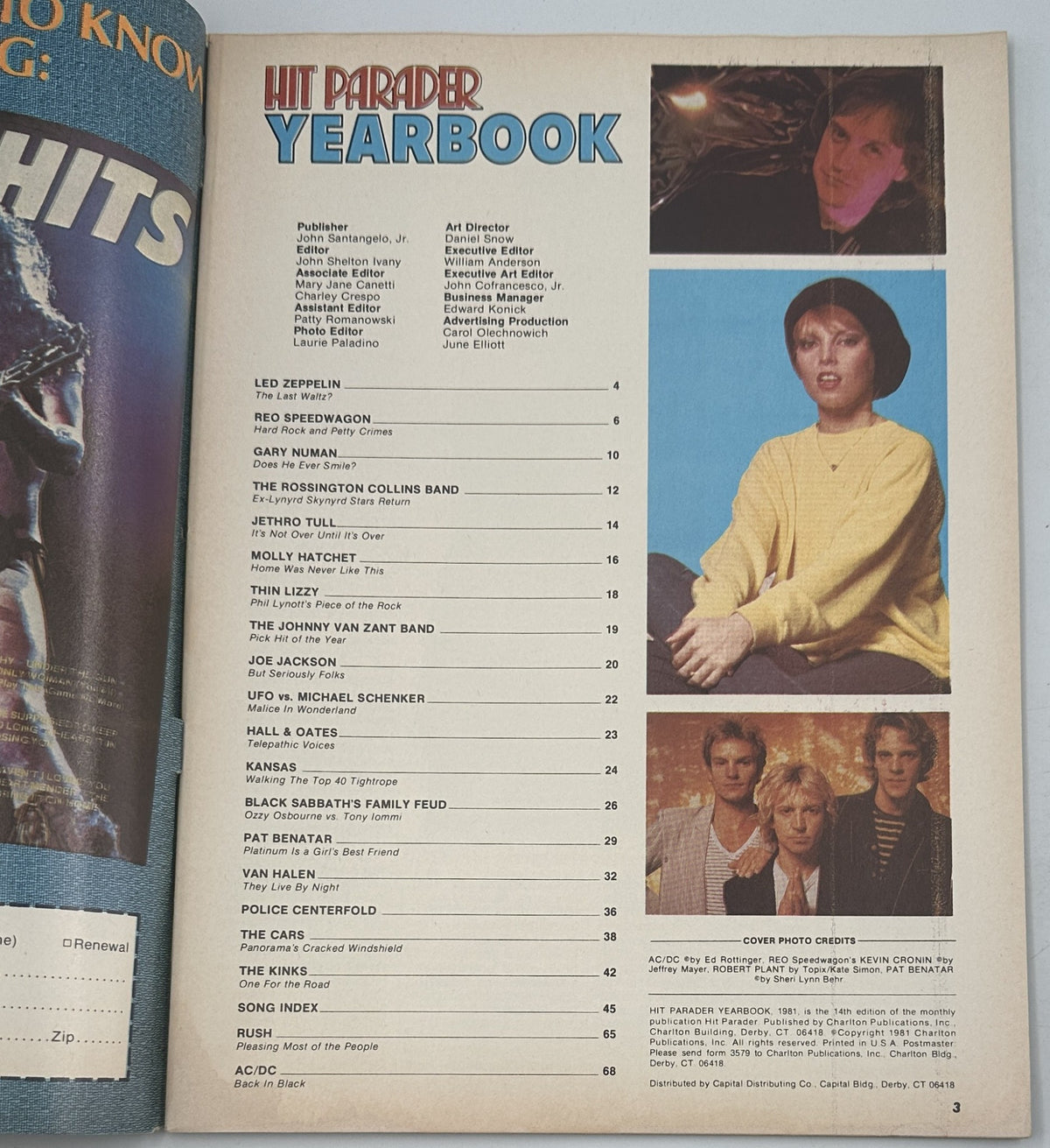 Inside page of Hit Parader Yearbook Magazine 1981 displaying the Table of Contents, including notable artists such as Led Zeppelin, REO Speedwagon, and Pat Benatar.