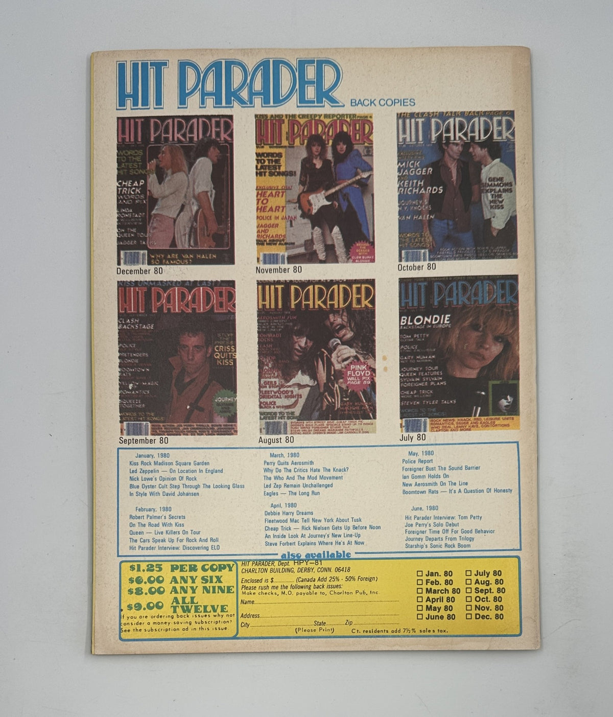 Back cover of Hit Parader Yearbook Magazine 1981 showcasing past issues and highlighting iconic artists, with a promotional layout for fans of rock music.