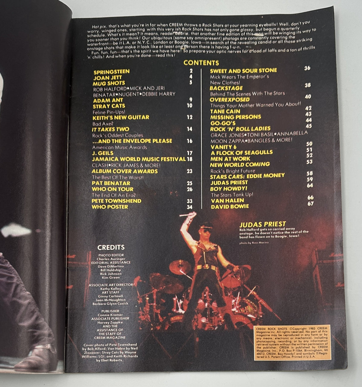 Creem Rock Shots Magazine June 1983 showcasing the Table of Contents with featured artists like Springsteen, Joan Jett, and Van Halen, highlighting rock music culture.