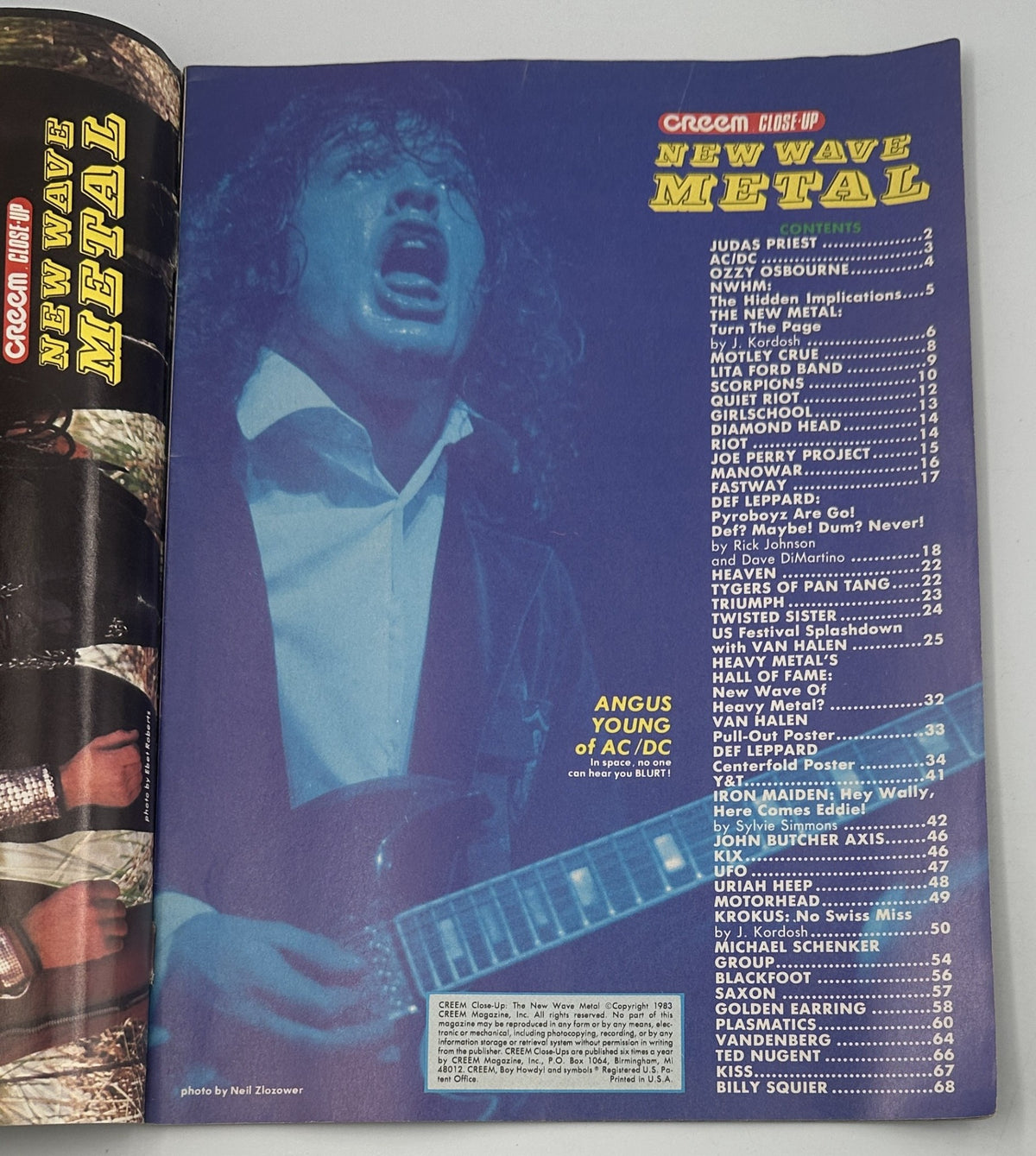Inside page of Creem Close-Up Magazine August 1983 showcasing a photo of Angus Young of AC/DC along with the table of contents for featured articles on various metal bands.