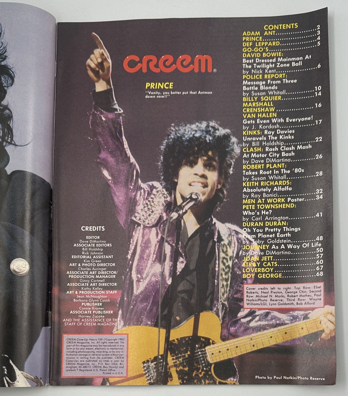 Inside page of Creem Close-Up Magazine showcasing an article about Prince, including a vibrant image of him performing with his guitar.