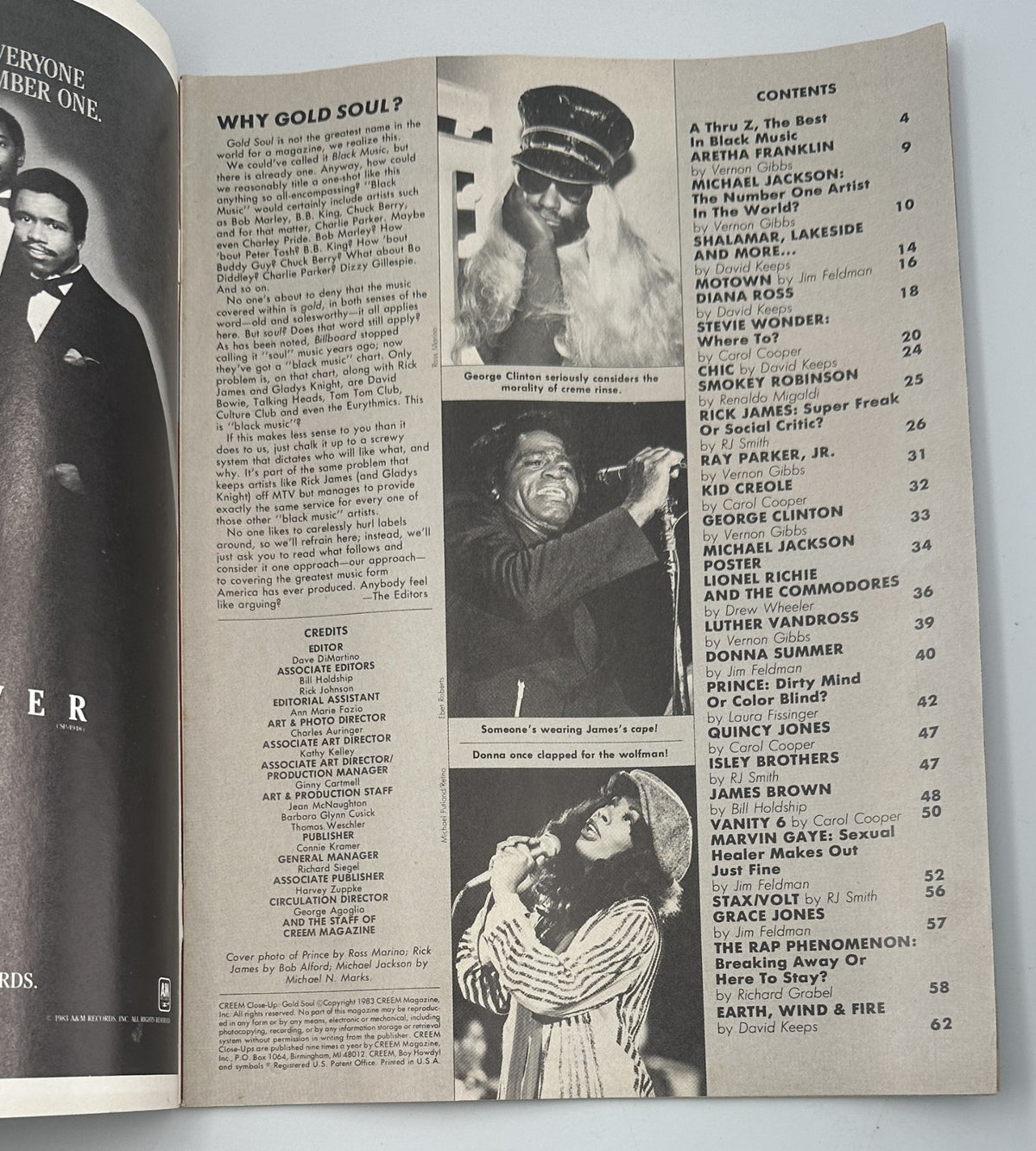 Inside page of Creem Close-Up Magazine January 1984, displaying the contents including prominent artists like Aretha Franklin, Michael Jackson, and more. The theme focuses on Gold Soul music.