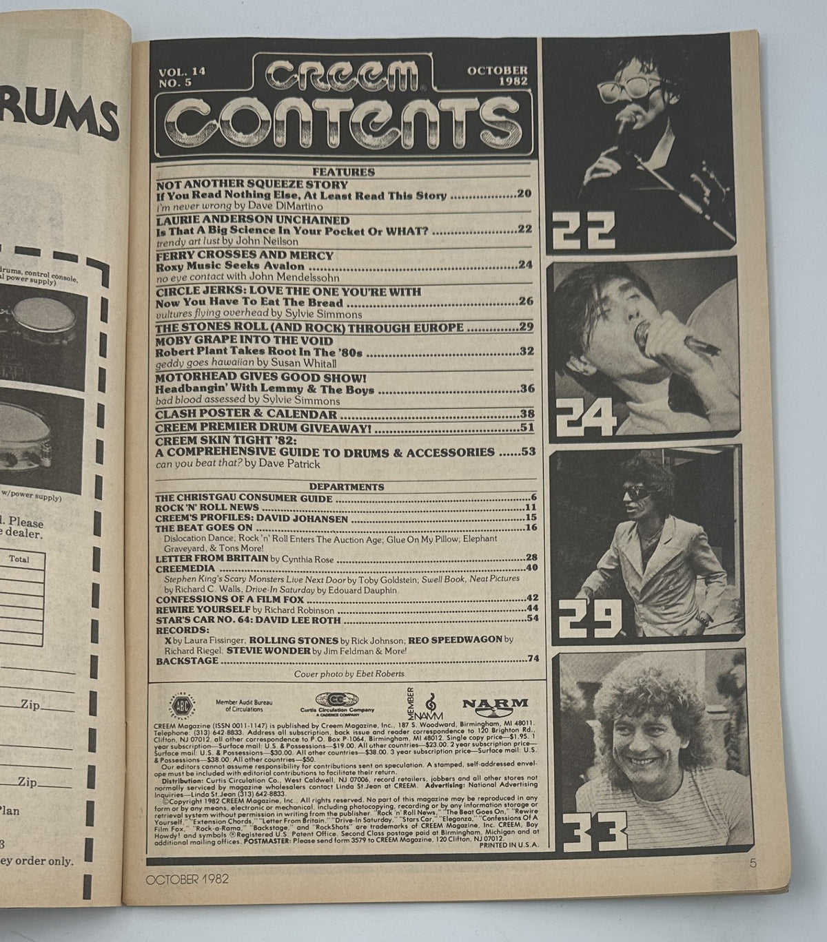 Contents page of Creem Magazine October 1982, featuring articles including 'Not Another Squeeze Story' and 'Robert Plant Takes Root In The ’80s'.